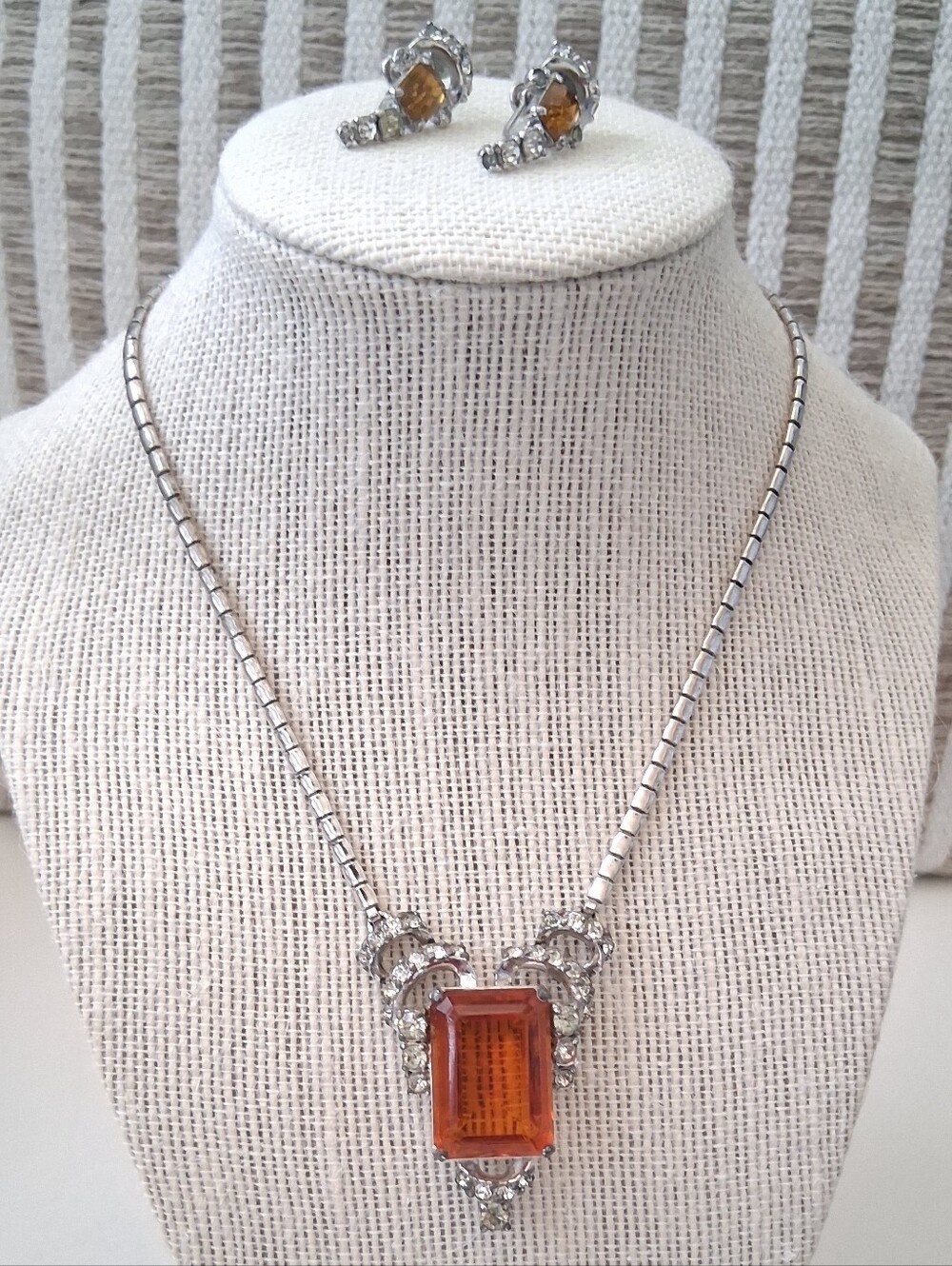 Vintage Citrine Colored Glass Necklace And Earrings